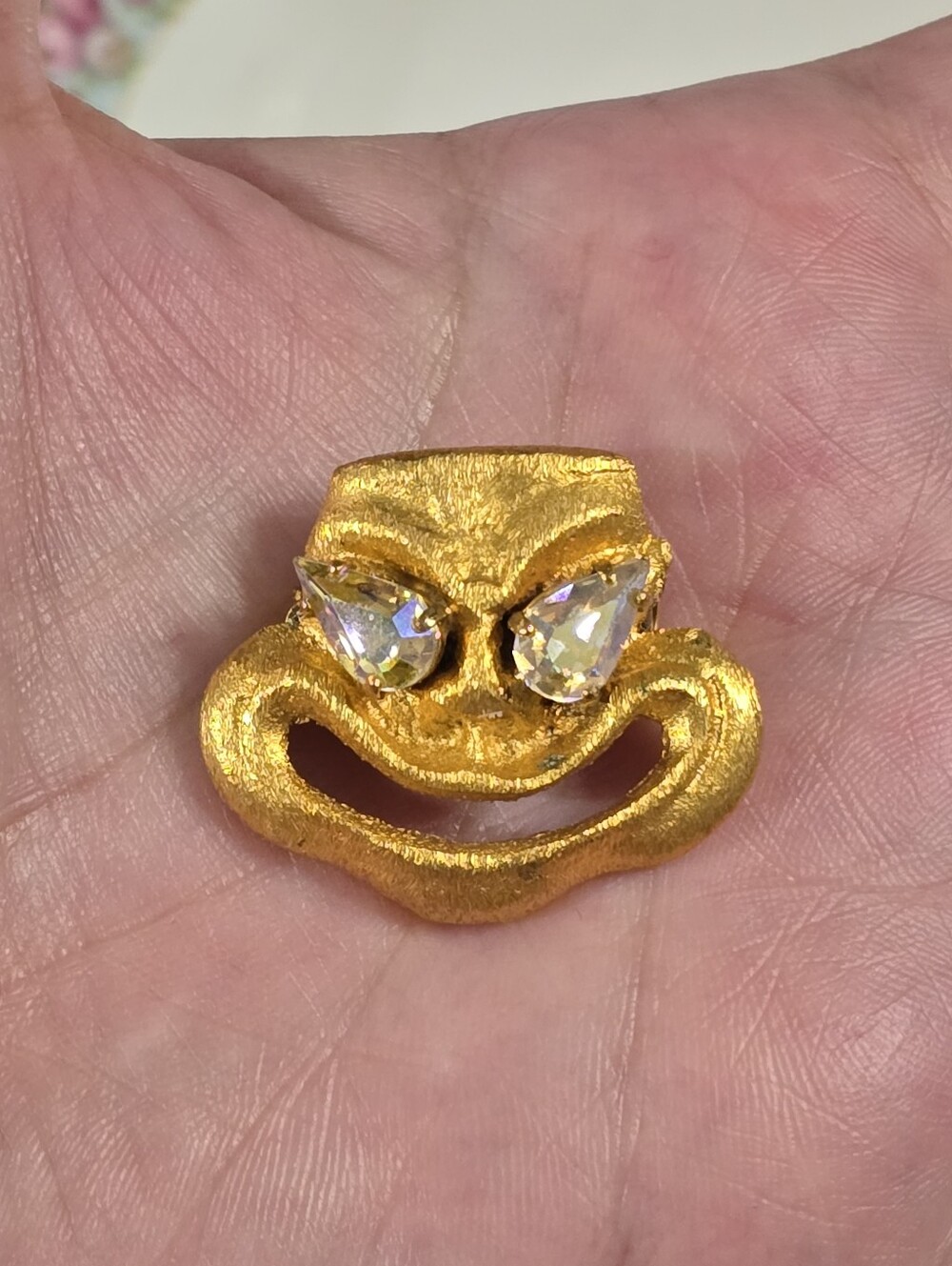 Vintage Oddity Gold Tone Smiley Face Figural Brooch with Clear Crystal Eyes